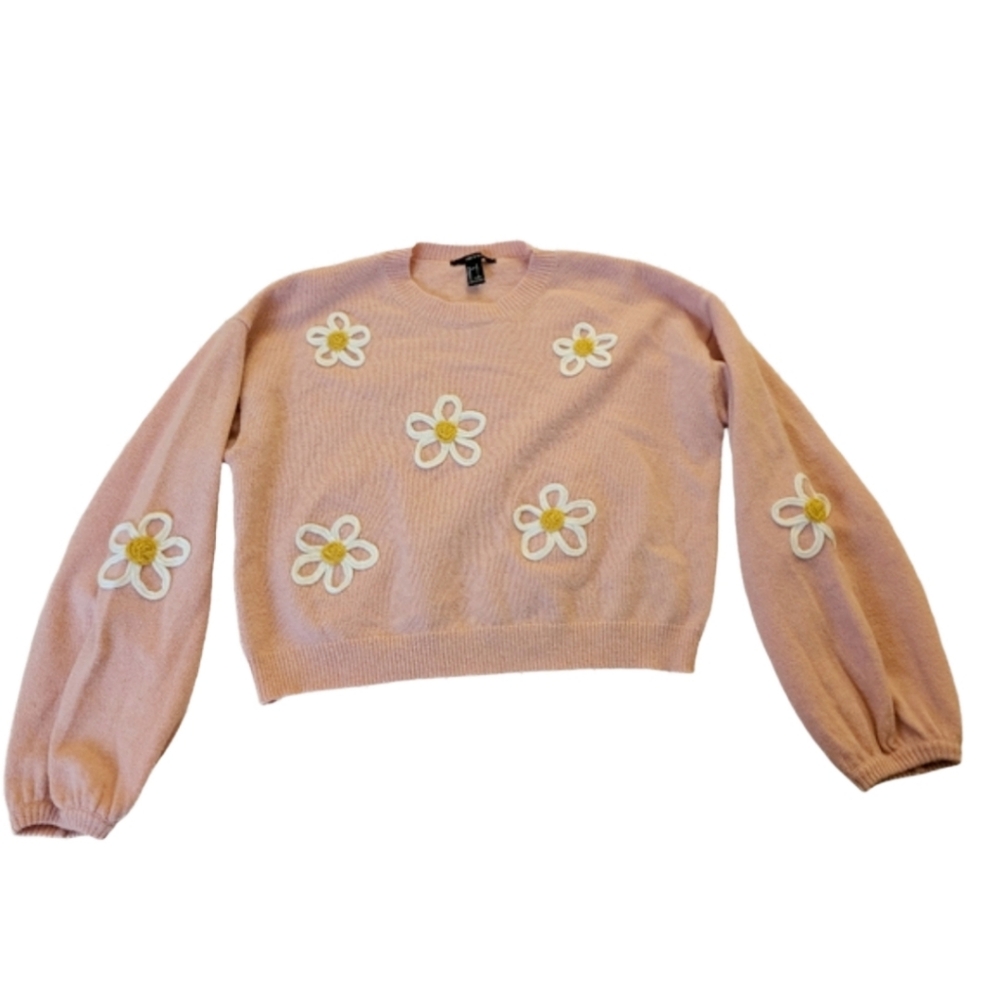 Forever 21 Pink Floral Daisy‎ Crew Neck Sweater Blouse Sleeve Size L Hippie 70s